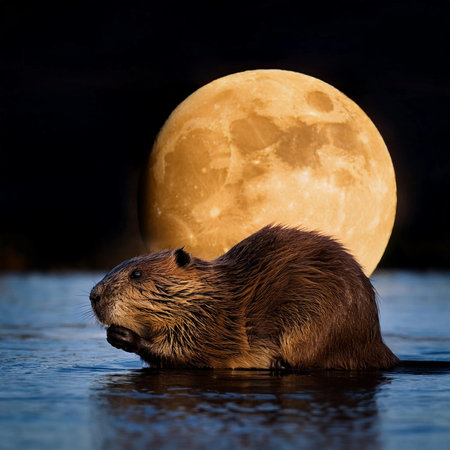 Beaver Moon. Full moon. Beaver full moon. 15 November 2024. Super full moon with dark background. Supermoon. Beaver on the background of the beautiful moon. Silhouette of a beaverの写真素材