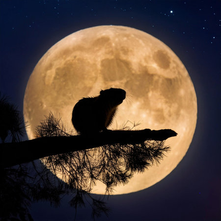 Beaver Moon. Full moon. Beaver full moon. 15 November 2024. Super full moon with dark background. Supermoon. Beaver on the background of the beautiful moon. Silhouette of a beaverの写真素材