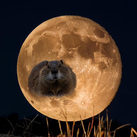 Beaver Moon. Full moon. Beaver full moon. 15 November 2024. Super full moon with dark background. Supermoon. Beaver on the background of the beautiful moon. Silhouette of a beaverの写真素材
