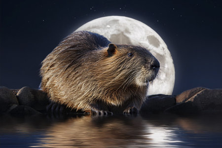 Beaver Moon. Full moon. Beaver full moon. 15 November 2024. Super full moon with dark background. Supermoon. Beaver on the background of the beautiful moon. Silhouette of a beaverの写真素材