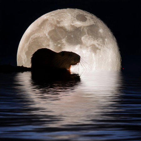 Beaver Moon. Full moon. Beaver full moon. 15 November 2024. Super full moon with dark background. Supermoon. Beaver on the background of the beautiful moon. Silhouette of a beaverの写真素材