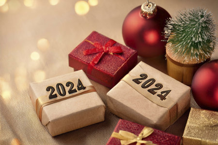 Christmas gifts. 2024. Christmas or New Year's Sale design template. Gift boxes under a Christmas tree. Christmas and New Year holidays interior. Christmas and new year 2024の写真素材