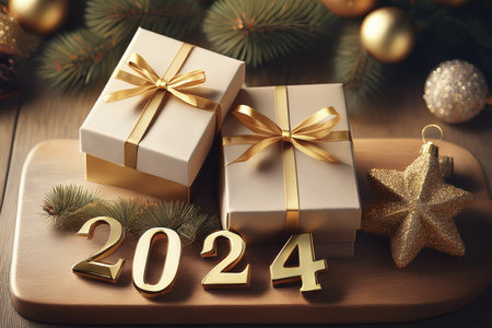 Christmas gifts. 2024. Christmas or New Year's Sale design template. Gift boxes under a Christmas tree. Christmas and New Year holidays interior. Christmas and new year 2024の写真素材