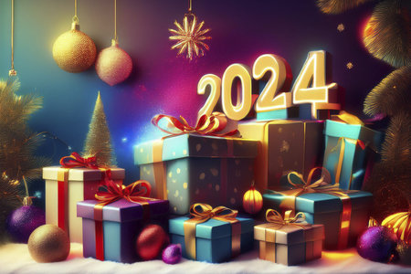 Christmas gifts. 2024. Christmas or New Year's Sale design template. Gift boxes under a Christmas...
