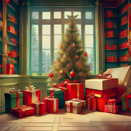 Christmas gifts. 2024. Christmas or New Year's Sale design template. Gift boxes under a Christmas tree. Christmas and New Year holidays interior. Christmas and new year 2024の写真素材