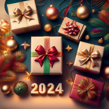 Christmas gifts. 2024. Christmas or New Year's Sale design template. Gift boxes under a Christmas tree. Christmas and New Year holidays interior. Christmas and new year 2024の写真素材