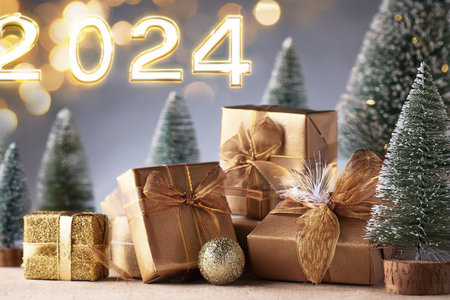 Christmas gifts. 2024. Christmas or New Year's Sale design template. Gift boxes under a Christmas tree. Christmas and New Year holidays interior. Christmas and new year 2024の写真素材