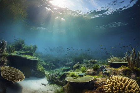 Underwater. Underwater Background Of The Ocean Bottom. Dark blue ocean surface seen from underwater. Underwater with fishes. Turquoise ocean water with sandy bottom underwater. undの写真素材