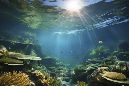 Underwater. Underwater Background Of The Ocean Bottom. Dark blue ocean surface seen from underwater. Underwater with fishes. Turquoise ocean water with sandy bottom underwater. undの写真素材