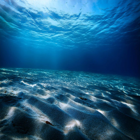 Underwater. Underwater Background Of The Ocean Bottom. Dark blue ocean surface seen from underwater. Underwater with fishes. Turquoise ocean water with sandy bottom underwater. undの写真素材