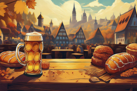 Oktoberfest. 2024. Background for Oktoberfest. Oktoberfest, Munich, Germany. Waiter holding beers, tent interior background.の写真素材