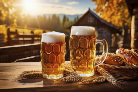 Oktoberfest. 2024. Background for Oktoberfest. Oktoberfest, Munich, Germany. Waiter holding beers, tent interior background.の写真素材