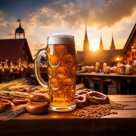 Oktoberfest. 2024. Background for Oktoberfest. Oktoberfest, Munich, Germany. Waiter holding beers, tent interior background.の写真素材