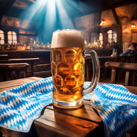 Oktoberfest. 2024. Background for Oktoberfest. Oktoberfest, Munich, Germany. Waiter holding beers, tent interior background.の写真素材
