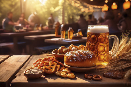 Oktoberfest. 2024. Background for Oktoberfest. Oktoberfest, Munich, Germany. Waiter holding beers, tent interior background.の写真素材
