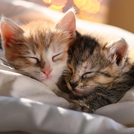 Cat sleeping in the bed. World Sleep Day. Two kittens are sleeping together on a bed. 25 September...
