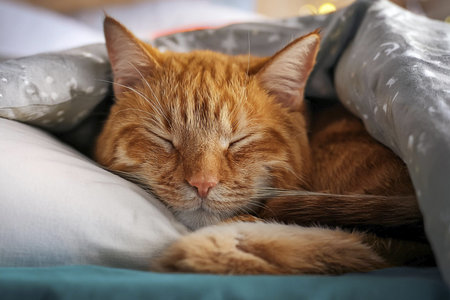 Cat sleeping in the bed. World Sleep Day. Two kittens are sleeping together on a bed. 25 September...