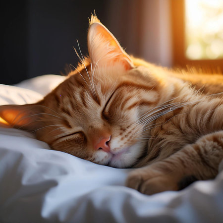 Cat sleeping in the bed. World Sleep Day. Two kittens are sleeping together on a bed. 25 September 2024.の写真素材