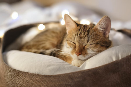 Cat sleeping in the bed. Two kittens are sleeping together on a bed.の写真素材