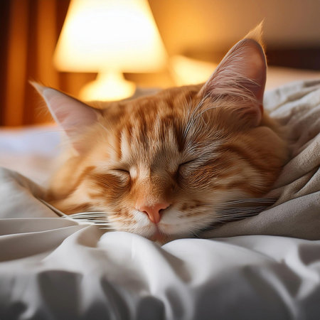Cat sleeping in the bed. Two kittens are sleeping together on a bed.の写真素材