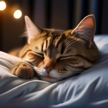 Cat sleeping in the bed. Two kittens are sleeping together on a bed.の写真素材