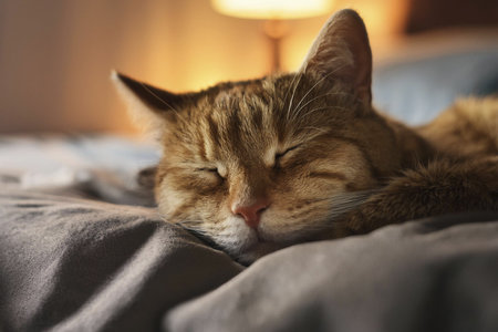 Cat sleeping in the bed. Two kittens are sleeping together on a bed.の写真素材