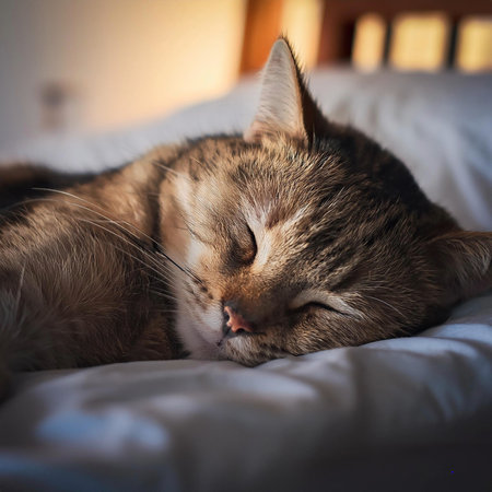 Cat sleeping in the bed. Two kittens are sleeping together on a bed.の写真素材