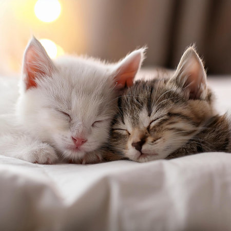 Cat sleeping in the bed. Two kittens are sleeping together on a bed.の写真素材