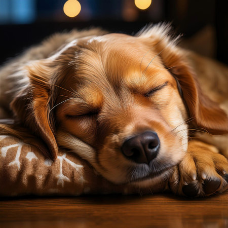 Dog sleeping in the bed. Sleeping together on a bed.の写真素材