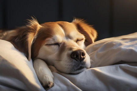 Dog sleeping in the bed. Sleeping together on a bed.の写真素材