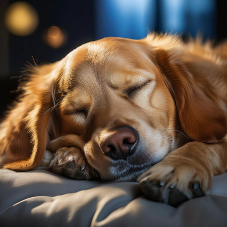 Dog sleeping in the bed. Sleeping together on a bed.の写真素材