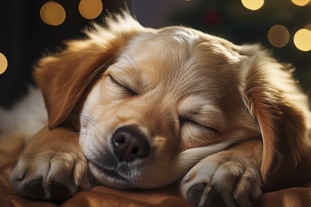 Dog sleeping in the bed. Sleeping together on a bed.の写真素材