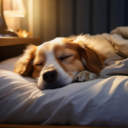 Dog sleeping in the bed. Sleeping together on a bed.の写真素材