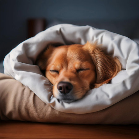Dog sleeping in the bed. Sleeping together on a bed.の写真素材