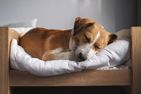 Dog sleeping in the bed. Sleeping together on a bed.の写真素材