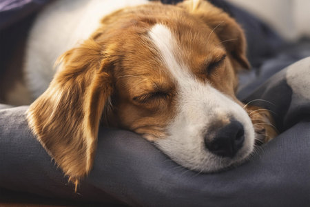 Dog sleeping in the bed. Sleeping together on a bed.の写真素材