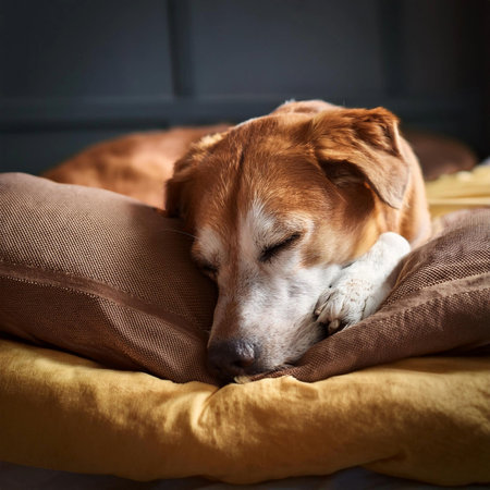 Dog sleeping in the bed. Sleeping together on a bed.の写真素材