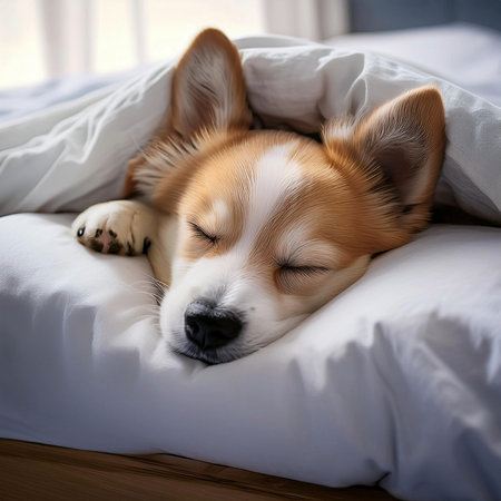 Dog sleeping in the bed. Sleeping together on a bed.の写真素材