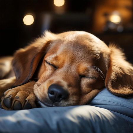 Dog sleeping in the bed. Sleeping together on a bed.の写真素材