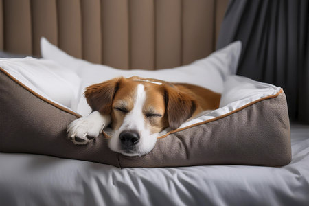 Dog sleeping in the bed. Sleeping together on a bed.の写真素材