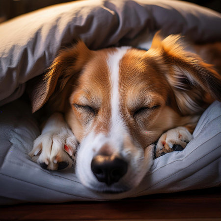 Dog sleeping in the bed. Sleeping together on a bed.の写真素材