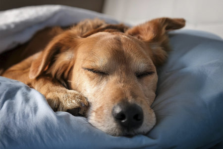 Dog sleeping in the bed. Sleeping together on a bed.