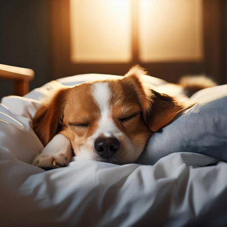 Dog sleeping in the bed. Sleeping together on a bed.の写真素材