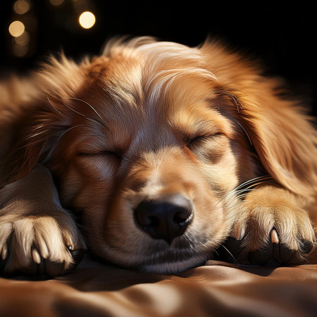 Dog sleeping in the bed. Sleeping together on a bed.の写真素材