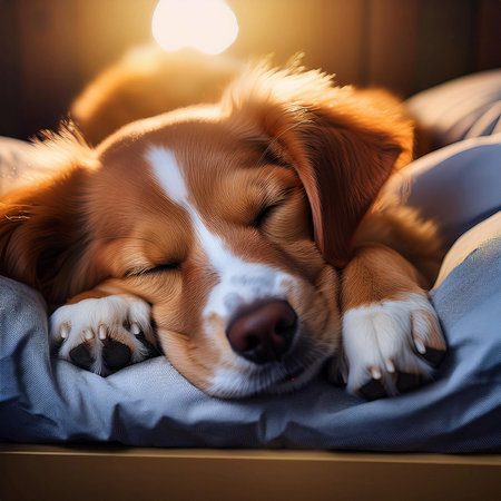 Dog sleeping in the bed. Sleeping together on a bed.の写真素材