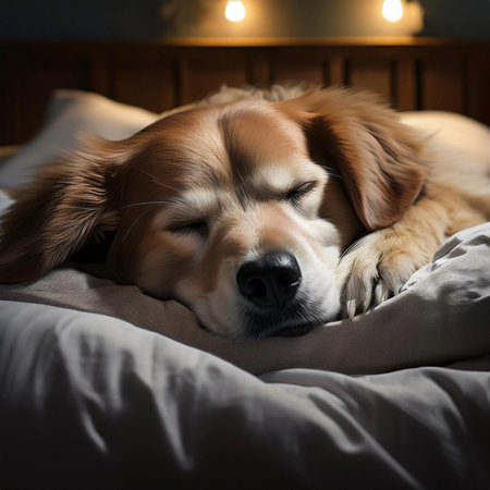Dog sleeping in the bed. Sleeping together on a bed.の写真素材
