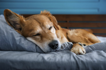 Cute dog sleeping on bed at home, closeup. Adorable petの写真素材