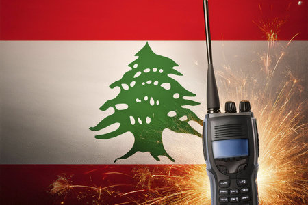 Walkie talkies. Lebanon flag. Burst. Explosion in portable radios.の写真素材