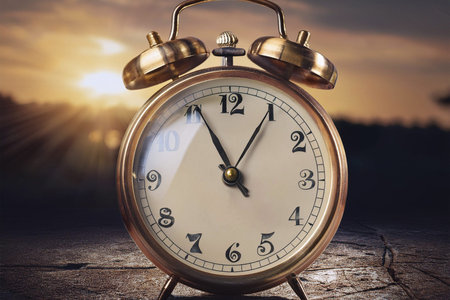 Clock. Time change. Part of analogue plain wall clock Close up with copy space, time management or...