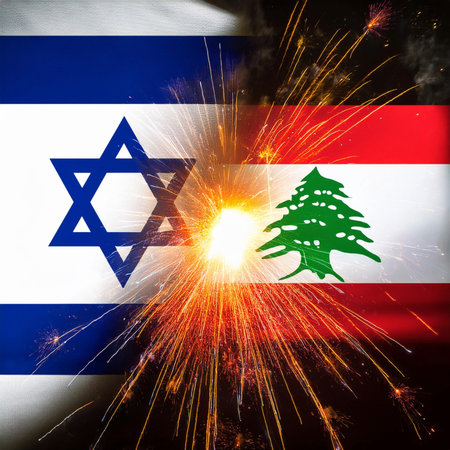 Israel vs Lebanon. Lebanon flag. Israel flaf. War. Burst. Conflict between Lebanon and Israel. Hezbollah leader warns Israel against extending war to Lebanon. Explosion in portの写真素材